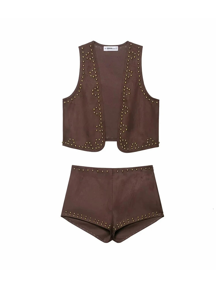 Woman Sexy Chic Rivet Velvet Leather Suit Sleeveless Top Mini Shorts Fashion Summer Holiday Party Set 251029