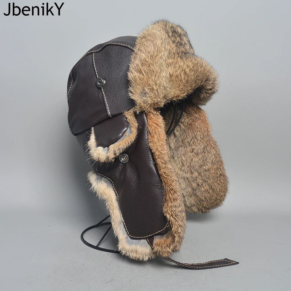 Winter Men 100 Natural Rabbit Fur Bomber Hat Genuine Sheepskin Leather Cap Men Outdoor Windproof Super Warm Rabbit Fur Caps 251029