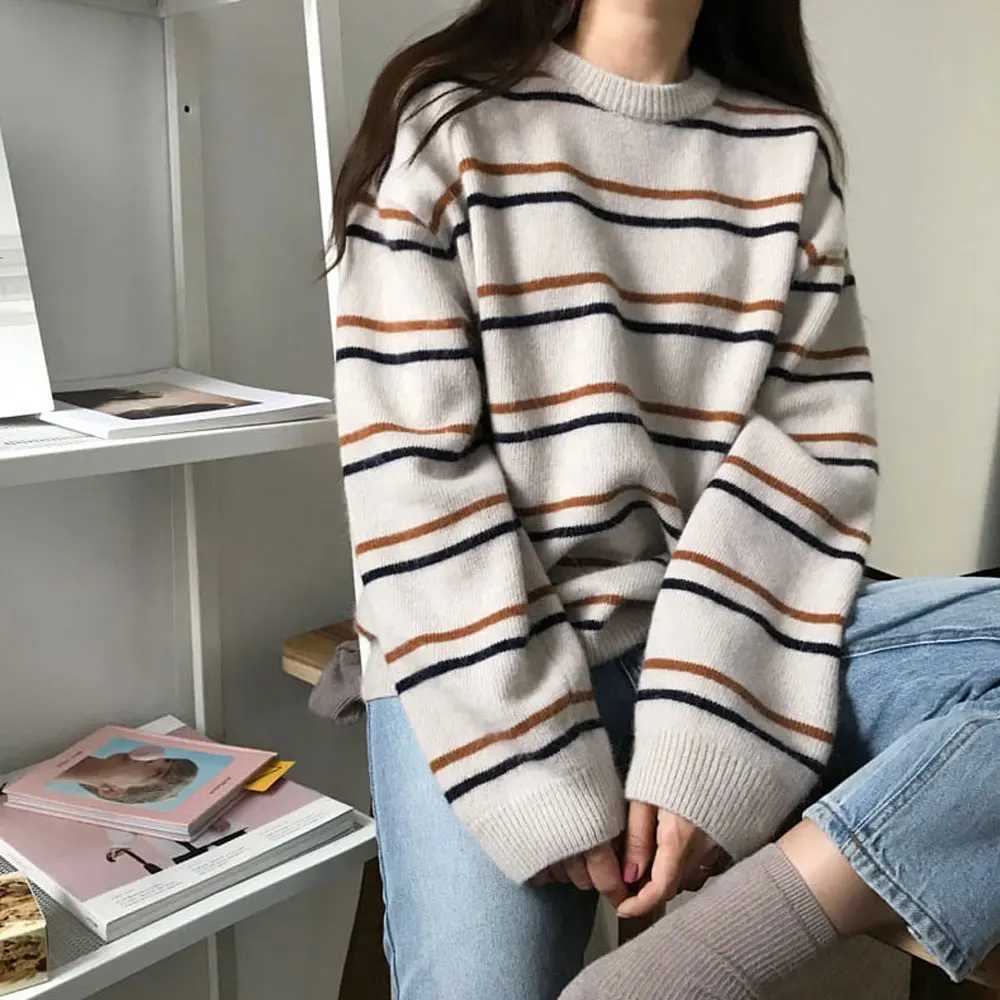 Women Pullovers CrewNeck Knitted Jumper New Student Striped Sweater Aesthetic Outfit J251029