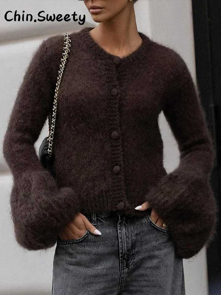 Chic Knitted Flare Sleeve Sweaters Women Loose Solid Oneck Single Breasted Sweater 2025 Autumn Winter Lady Allmatch KnitwearsT251028