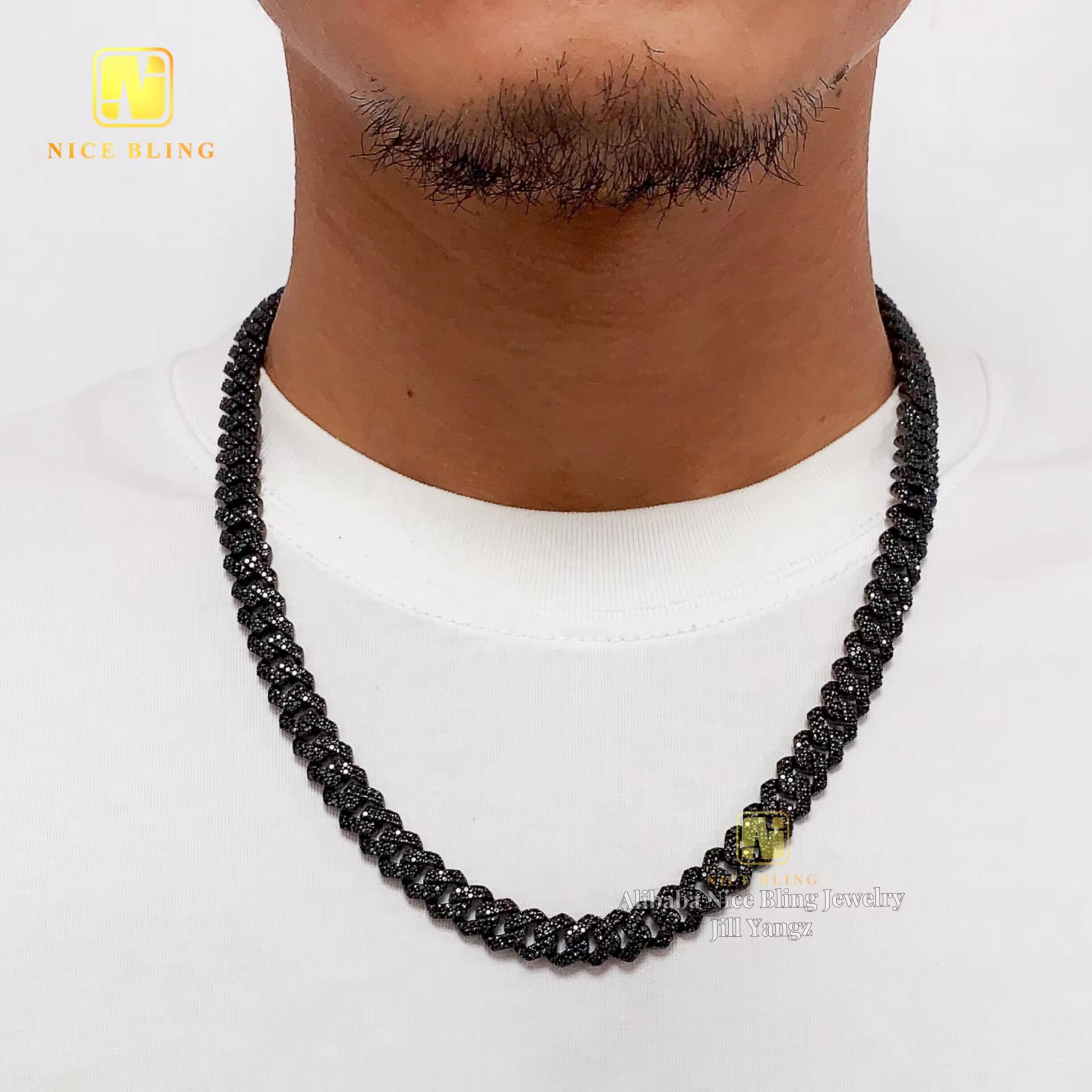 Trending Products 2025 Black Moissanite Cuban Chain 10mm 925 Silver Necklace Iced Out Cuban Link Chain Black Rhodium Plated