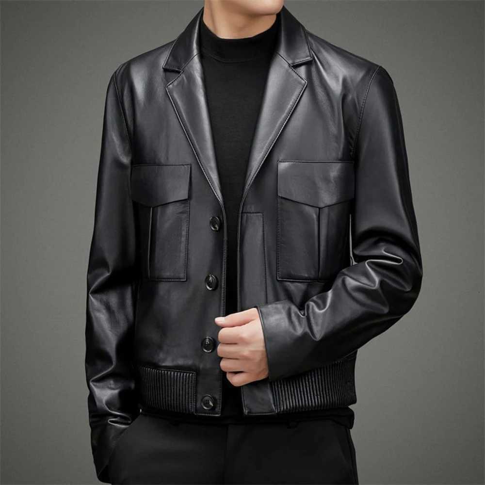 Mens Y2k Leather Jacket Autumn Winter New Suit Collar Short Leather Jacket Casual Fashion AllMatch Trend Motorcycle Top CoatT251029