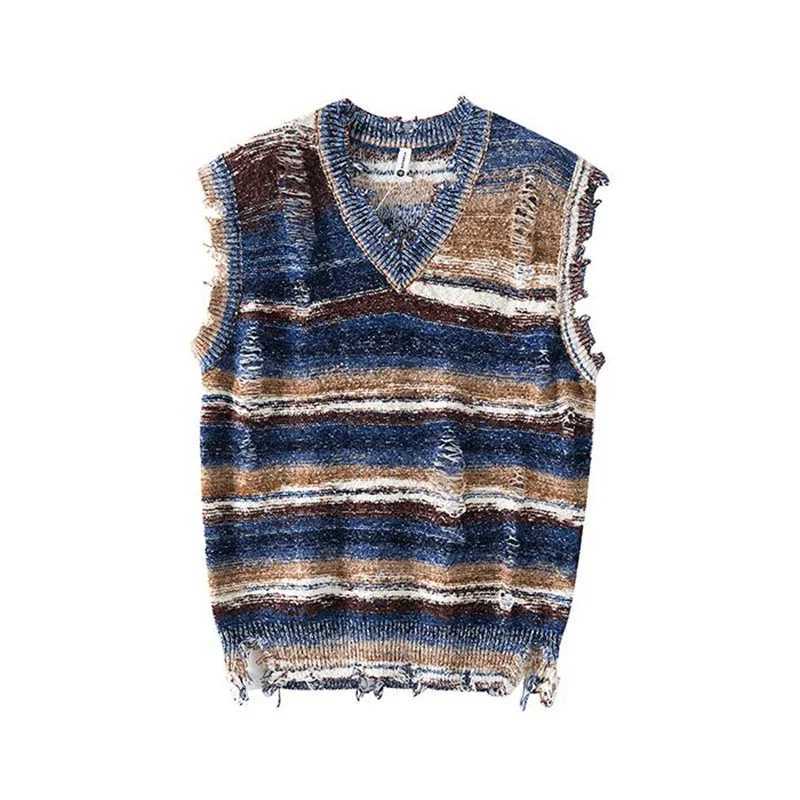 Harajuku Gradient Stripe Sleeveless Vest Y2K Washed Ripped Tie Dye VNeck Tank Top Baggy Pullover Knitted Sweater J251029
