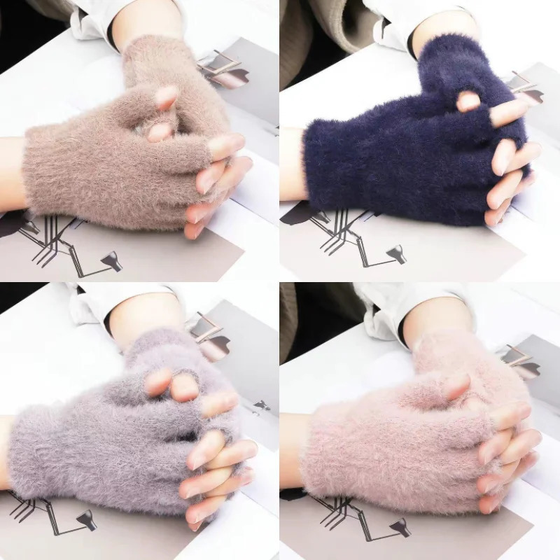 Winter Warm Knit Gloves Half Finger Men Women Thermal Gloves Autumn Solid Color Adult Writing Office Thick Elastic Plush Gloves 251029