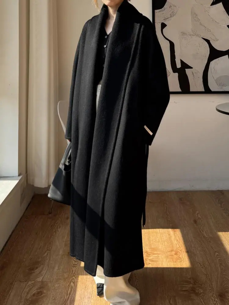 Office Lady Alpaca Woolen Jackets 2025 Fall And Winter Bathrobe Style Yarry Collar LaceUp Tie Loose Womens Long Wool Coats 251029
