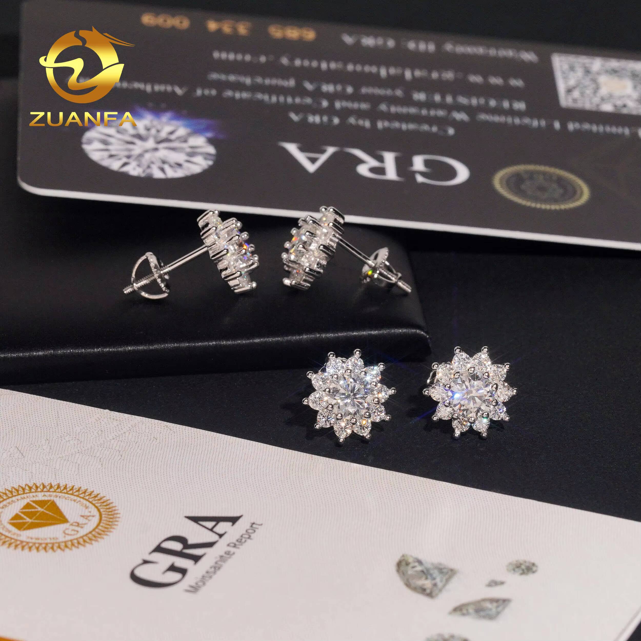 USA Local Stock 10mm Flower Moissanite Iced Out Stud Earrings Cluster Hip Hop 925 Silver Ear Studs Pass Diamond Tester
