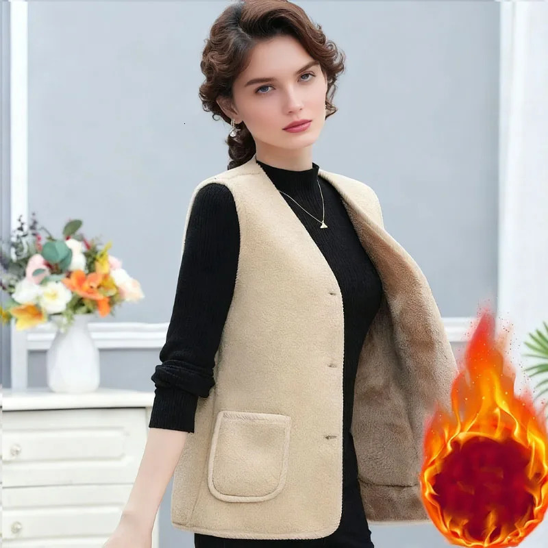 Lamb Wool Vest for Women Autumn Winter Fleece Quilted Waistcoat Thickened Warm Gilet for Elderly Outdoor Coat for Cold Weather 251029