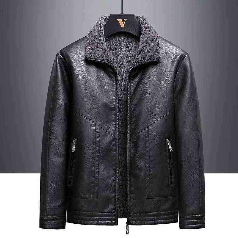 Mens Fur Leather Jacket Autumn Winter Fleece Thickened Lambswool Warm Fashion Casual CoatT251029