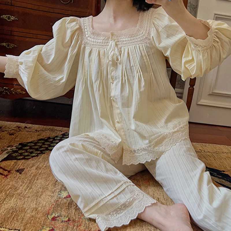 Fairy Women Pure Cotton Pajamas Princess Sleepwear Nightwear Autumn Winter Apricot Loungewear Sweet Tops Pants Two Piece SetsT251029