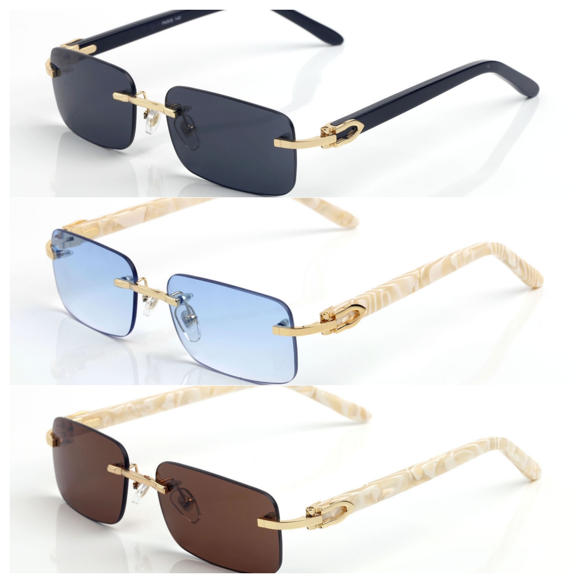 New Fashion Mens Wood Sunglasses Metal Gold Frame Clear Lens Eyeglasses Eyewear Polarized Rimless Buffalo Horn Sun glasses With Box Case