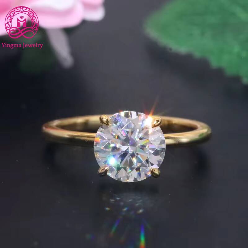 Yingma Jewelry Simple Design 8mm 2ct Round Cut 925 Sterling Silver 14K 18K Yellow Gold Moissanite Ring for Wedding Engagement