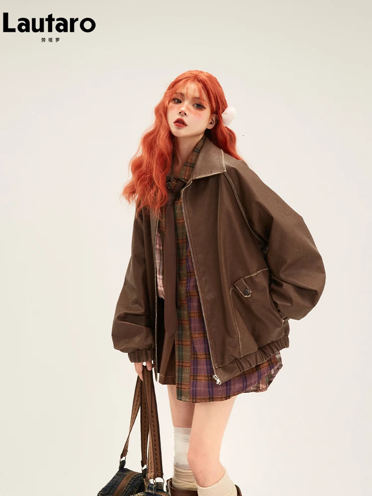 Lautaro Spring Autumn Cool Retro Oversized Distressed Black Soft Faux Leather Jackets for Women Zipper Maillard Style Clothes 251029