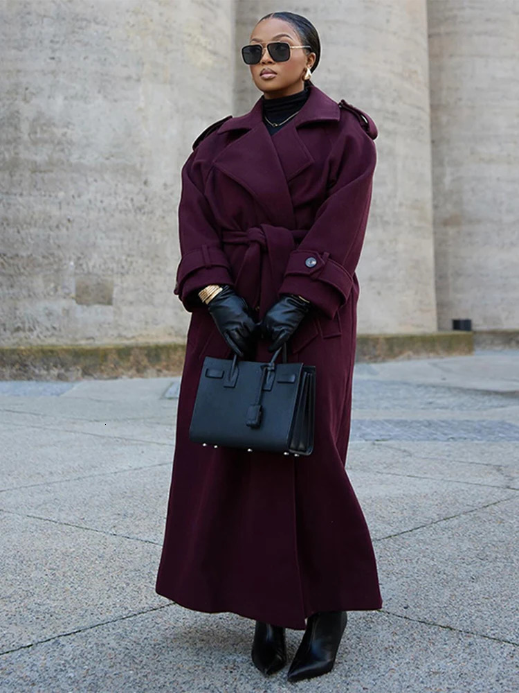 Lace Up Lapel Collar Woolen Womens Long Coats Double Breasted Belt Jackets Chic Fashion Tops Straight Loose Autumn Clothes 251029