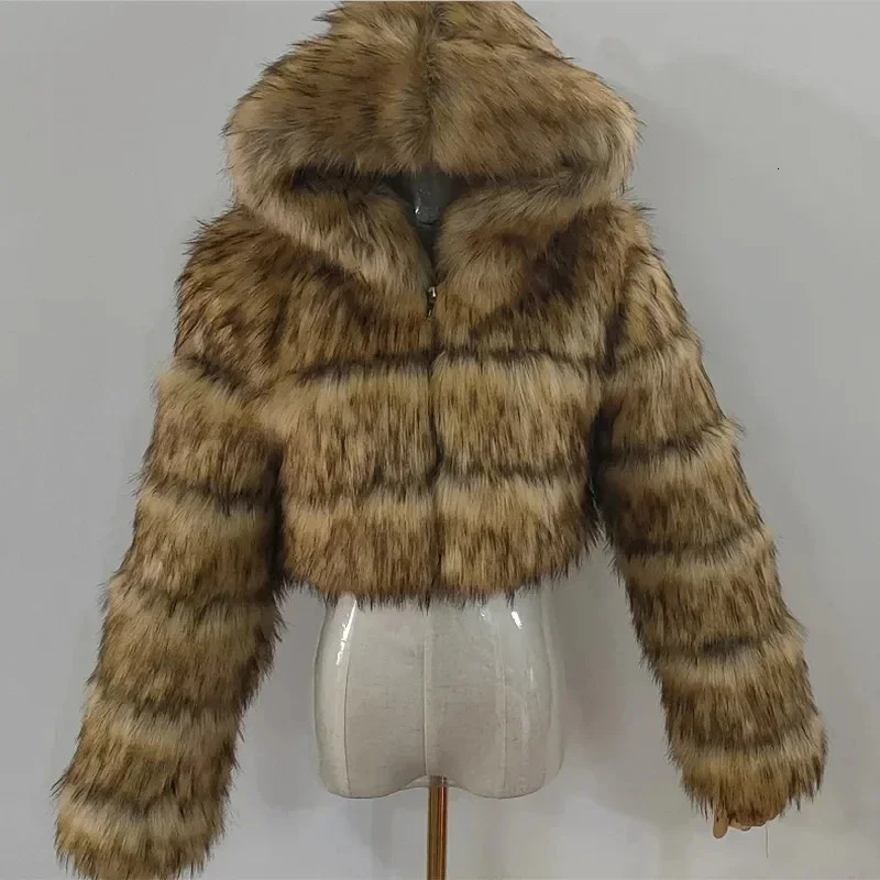 Autumn Furry Cropped Faux Fur Coats Jackets Women Fluffy Top Coat Hooded Straight Short Winter Fur Jacket Fashion Streetwear 251029
