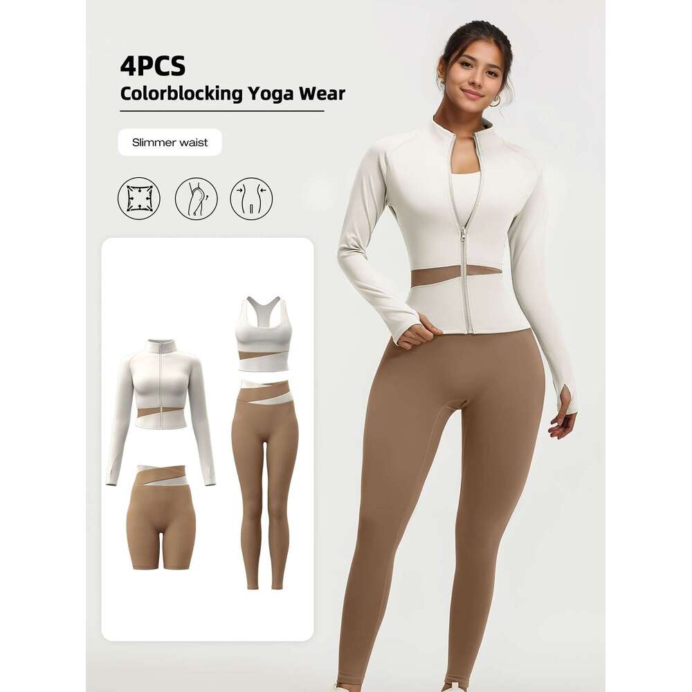 4pcs Women'S Wear Workout Set with Zipper Jacket Leggings Sports Bra Euro Size for Running Fiess And Yoga