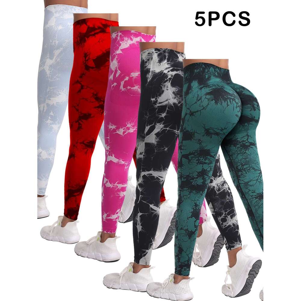 5-Pack Rainbow Tie-Dye High Waisted Sculpting Fiess Pants, Quick-Dry Running Yoga Butt-Lifting Sports Leggings, Women'S Clothing