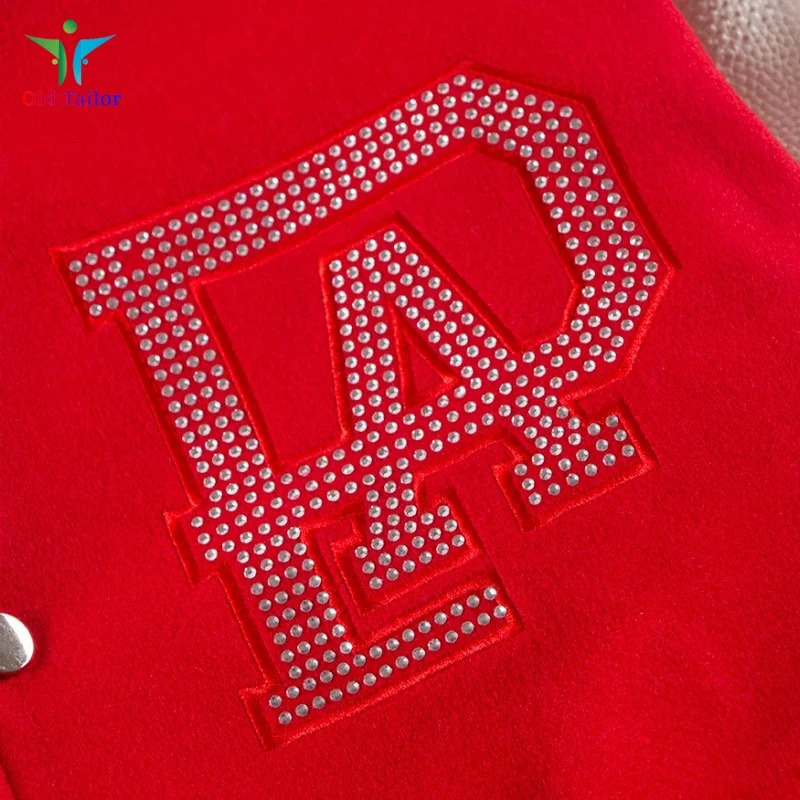 24SS Top Quality Red Rhinestones Colorblocking Leather Sleeve Mens Womens Baseball Jacket 251028