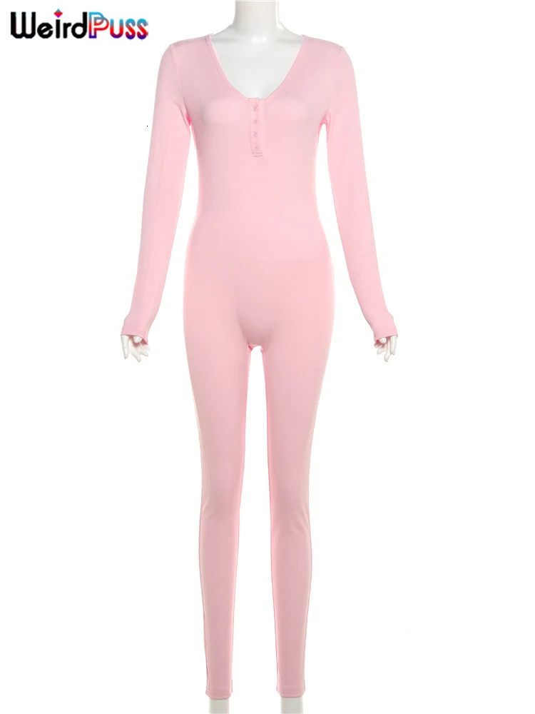 Weird Puss Fitness Button LowNeck Casual Jumpsuit Women Autumn Fashion Ribbed Stretch Full Sleeve Basic BodyShaping Overalls 251029