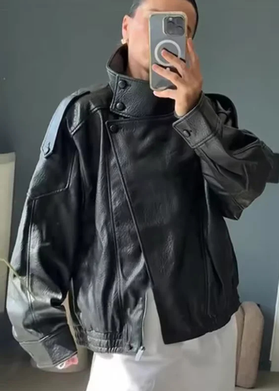 Womens Jacket Fall 2025 Black Long Sleeve Pebble Faux Leather Jacket Motorcycle Style Personality Fashion 251029