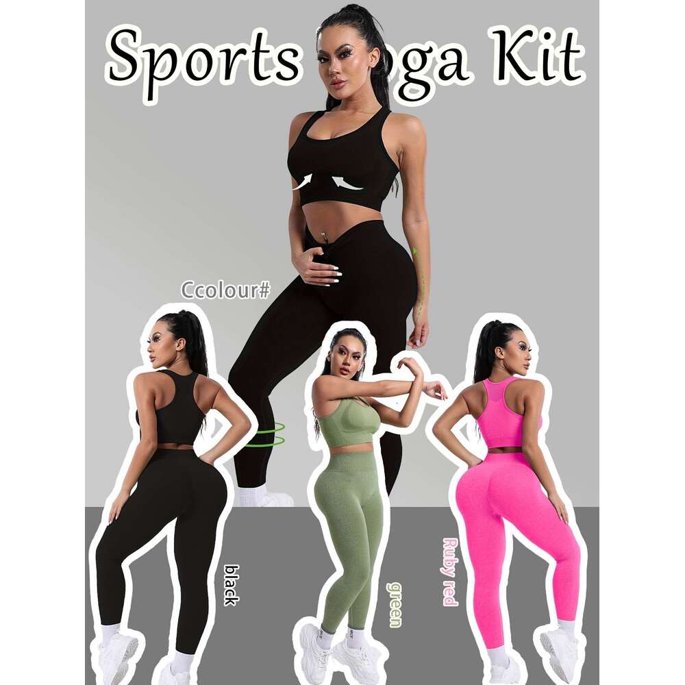 3-Pack Women'S Sports Yoga Gym Activewear Set, High Stretch Skinny Leggings with Bra, Polyamide 60%, Elastane 5%, Polyester 35%, Solid Color, All