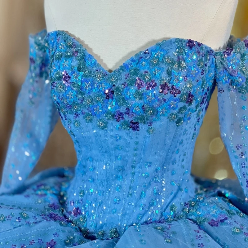 Blue Shiny Ball Gown Quinceanera Dresses Off The Shoulder Beading Crystal Tull Long Sleeves Party Birthday Sweet 16 Dress Vestidos 15 De Anos