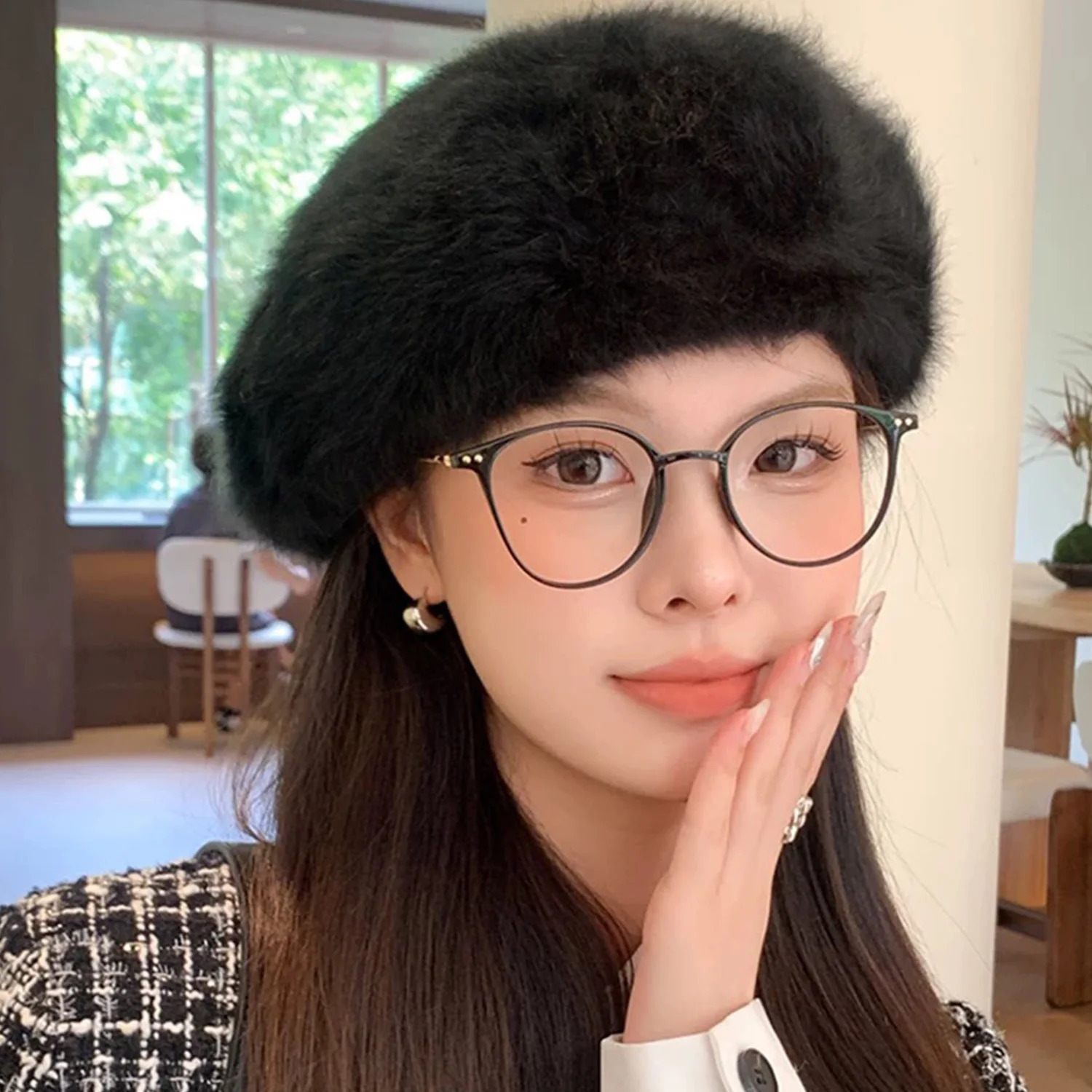 Sweet Faux Rabbit Fur Beret Hat Women Autumn Winter Thicken Keep Warm Furry Flush Artist Flat Cap Solid Color Painter Hats 251029