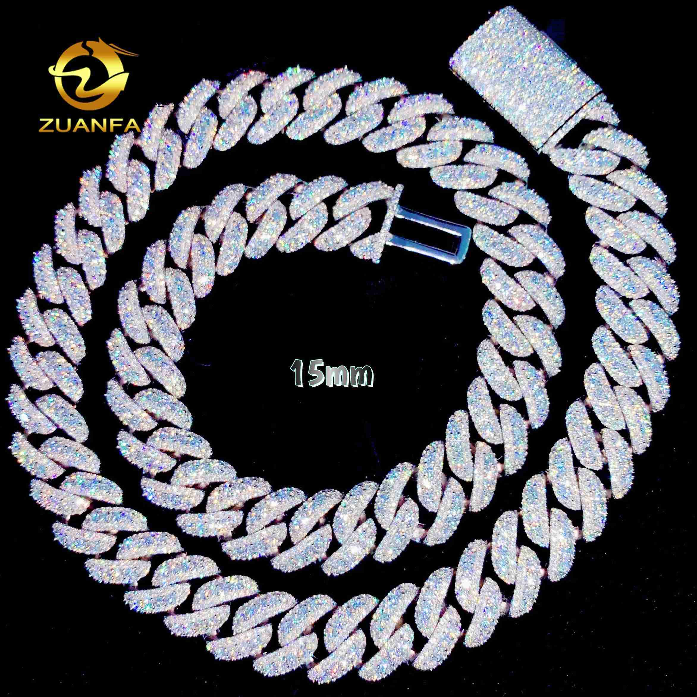 Direct Sale PROMOTION 15mm Cuban Links Moissanite Chain Moon Shape 3 Row Pass Diamond Tester