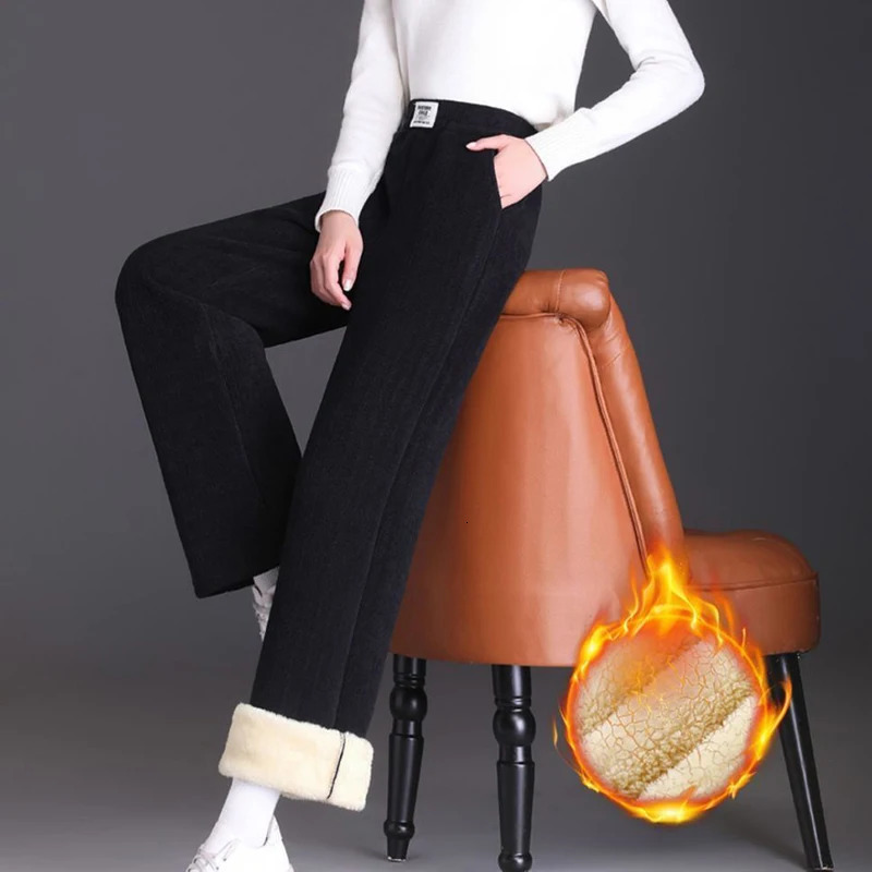 Winter Female Straight Leg Plush Thermal Pants Lady High Waist Fleece Trousers Women Fashion Snow Warm Loose Daily Pants 251029