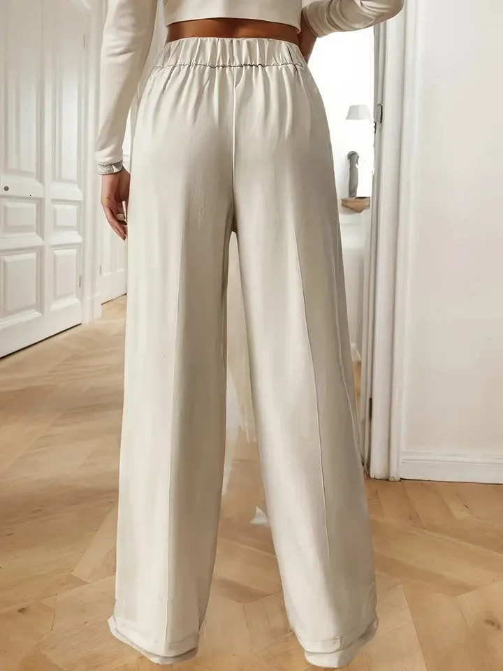 Womens High Waist Wide Leg Pants Flowy FloorLength Trousers Minimalist Straight Fit Lounge with Elastic Wais 251029