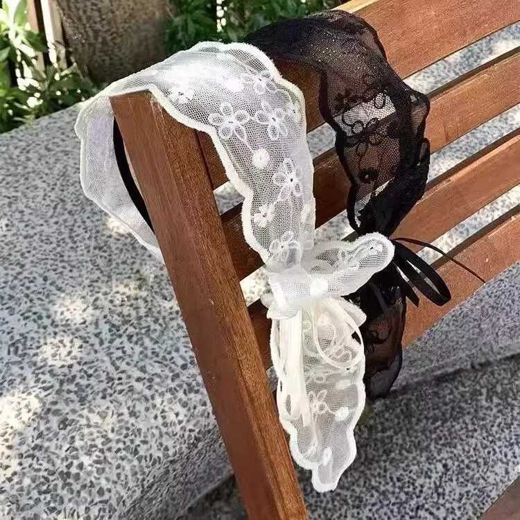 2025 French Lace Wide Headband Chiffon Bow Flowing Ribbon Hair Clip Boho Chic Vintage Hair AccessoryW251028