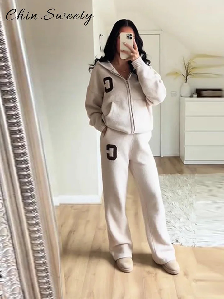 Casual Womens Knitted Hooded Tracksuit Sets Loose Full Sleeve Zipper Pockets Jacket Straight Pants Autumn Winter Lady Suit 251028