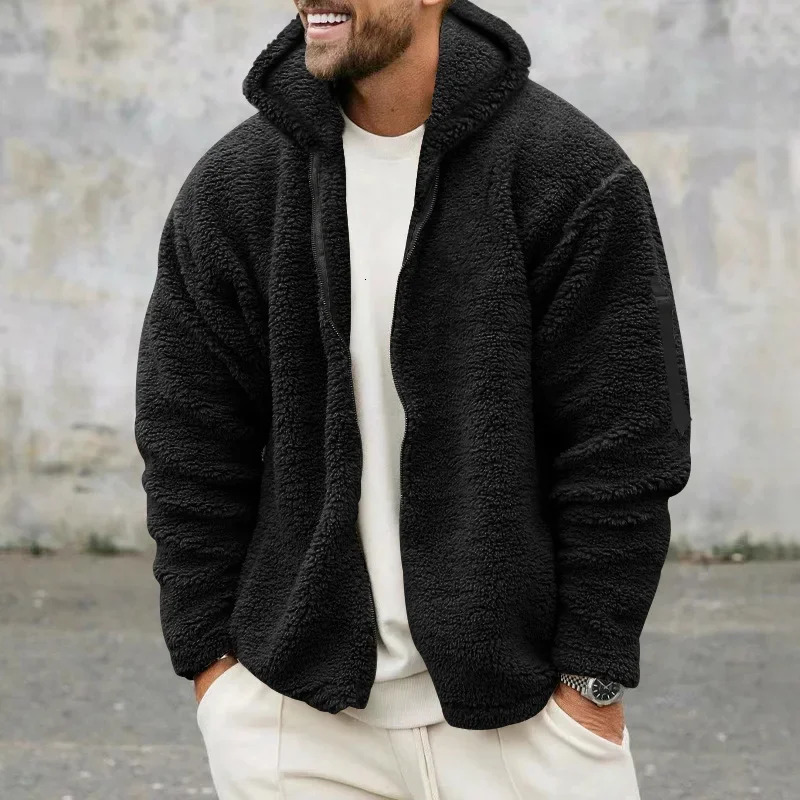 Mens DoubleSided Fleece Warm Jacket Loose Hooded Casual Autumn Winter Outerwear High street trend sweatshirt 251029