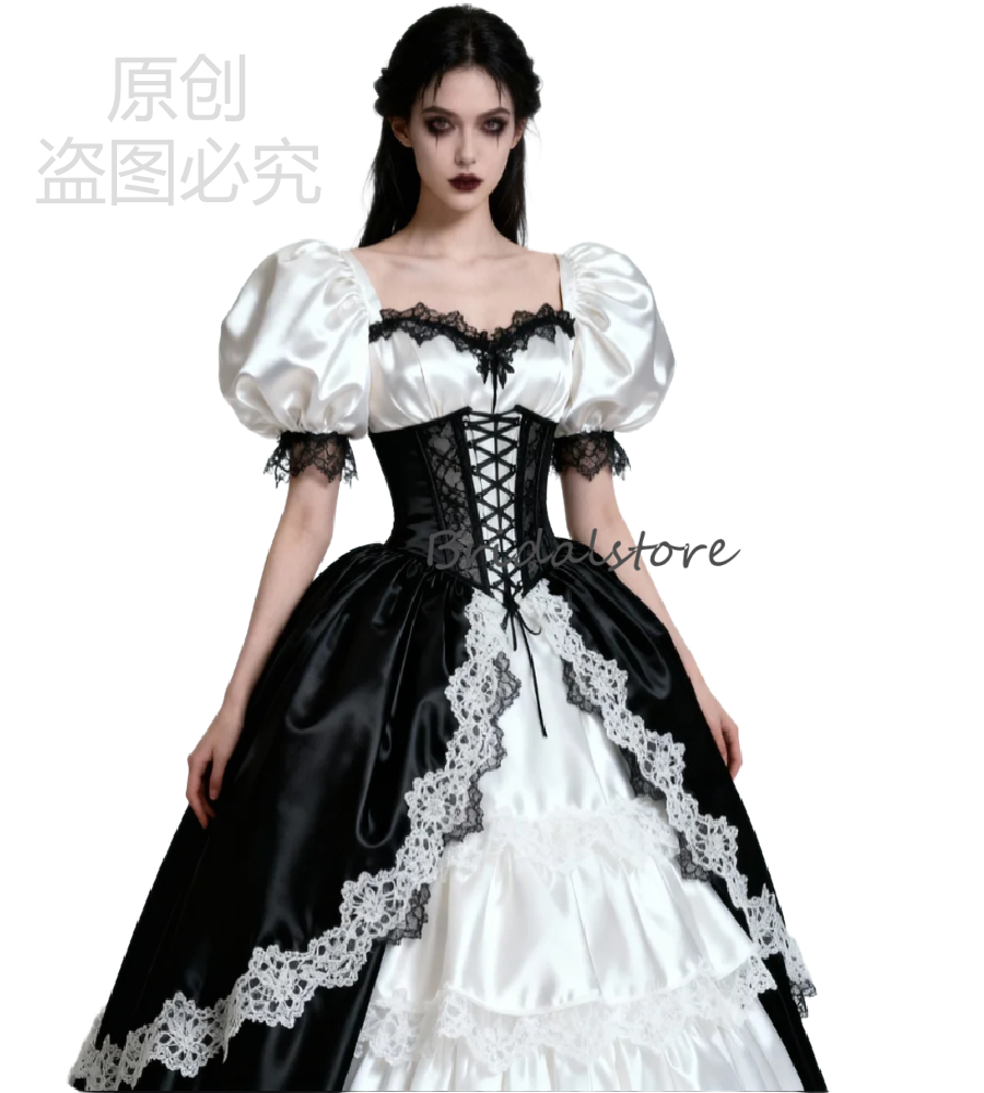 Vampire Themed Gothic Wedding Dress 2026 Puff Sleeve Black White Medieval Bridal Dress Lace Corset Victorian Witchy Bride Celtic Halloween Tudor Robe 