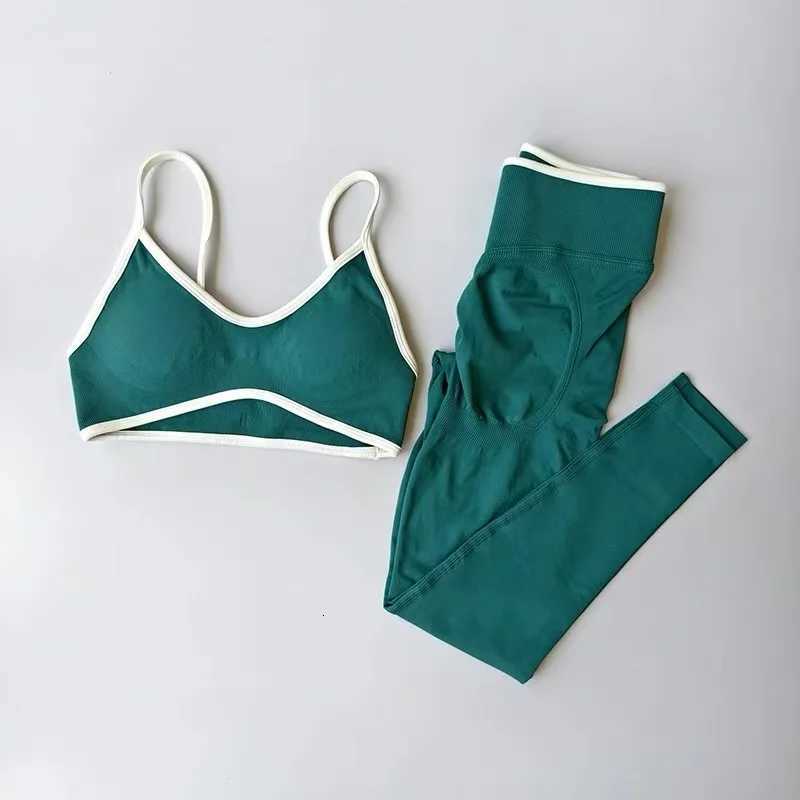 Womens Fitness Suit Strappy Contrast Color Patchwork Sports Shockproof Slimming QuickDry Nude Feel Pants Yoga WearXJ251029