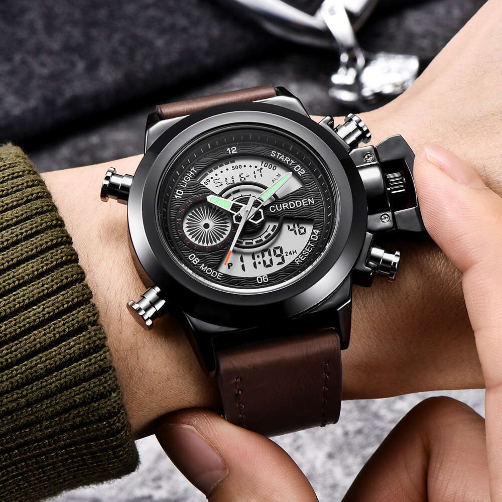 Brand New Men's Fashion Leather Strap Multifunctional Dual Display Sports Watch for Men