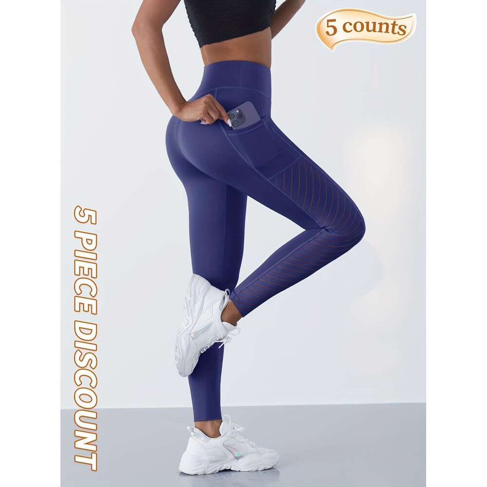 5pcs Yoga Pants With Pocket, Solid Color Stretch Fiess Sports Leggings, Women's Activewear