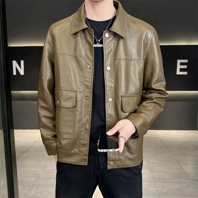 Mens Leather Jacket Mens Spring Autumn New Shirt Lapel Trend Motorcycle Leather JacketT251029