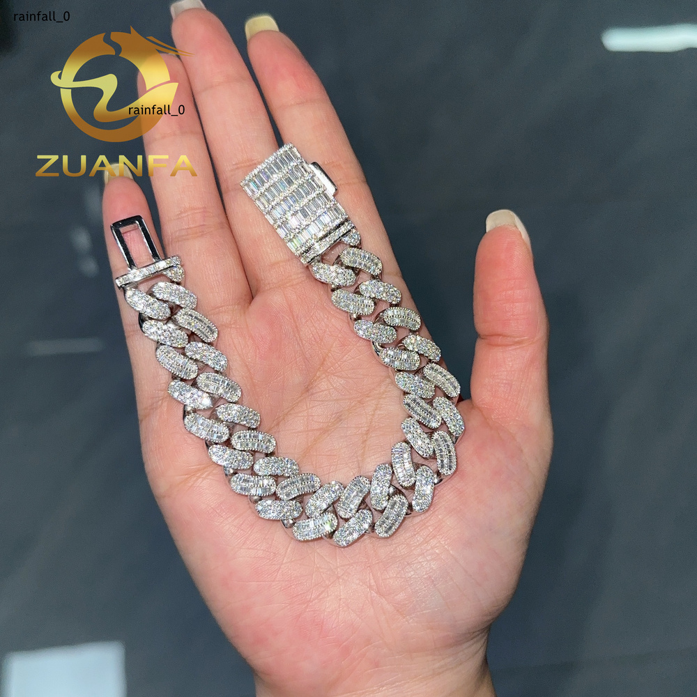 925 Silver 15mm Moissanite Cuban Link Bracelet Hip Hop Jewelry Round and Baguette Cut Iced Out Men Moissanite Bracelet