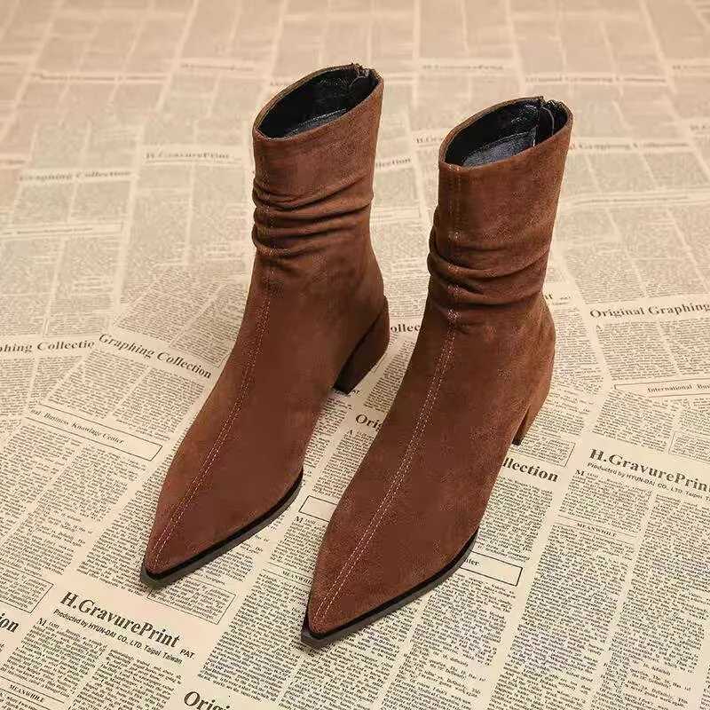 New Womens Pointed Toe Ankle Boots High Heels Sexy Chunky Designer Chelsea Boots Elegant Low Heels Short Booties Z251029