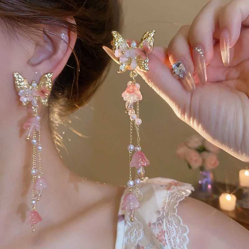 Pink Butterfly Earrings With Long Tassel Sparkly Zircon Crystal Imitation Pearl Beads Earrings Light Luxury Party Ear JewelryW251029