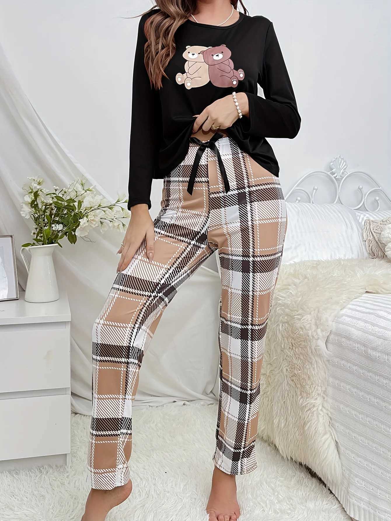 Womens new style pajamas set cartoon bear longsleeved top plaid trousers homewear 2 setsT251029