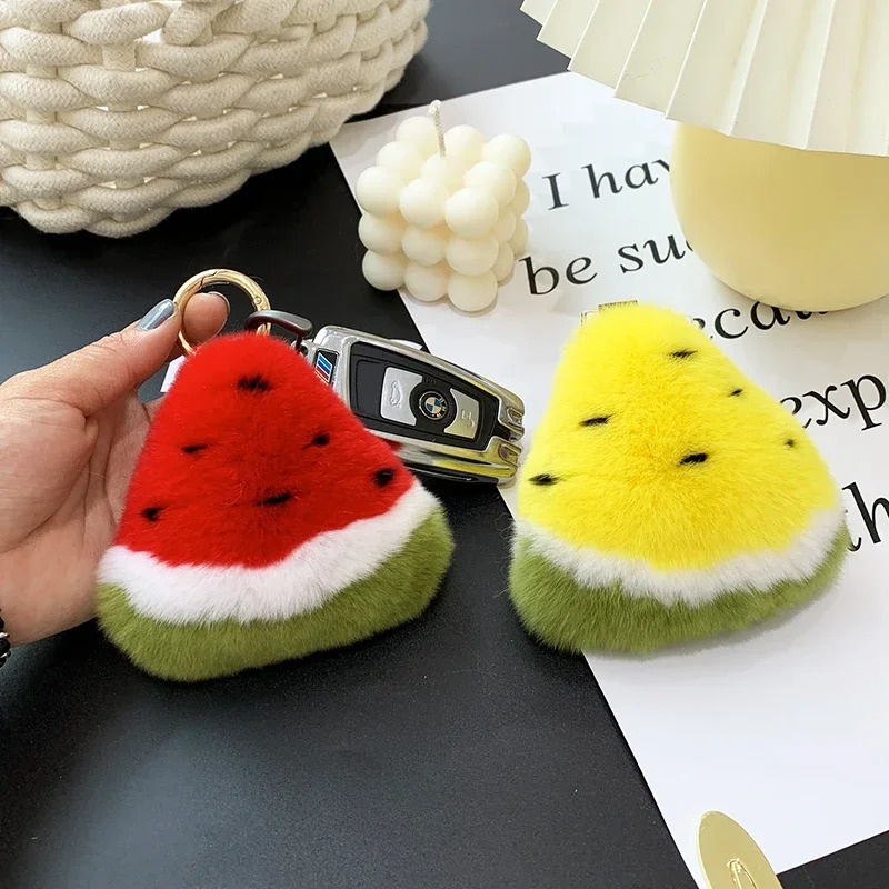 Cute Fluffy Rex Rabbit Fur Keychain Fruit Watermelon Toy Real Fur Ball Pendant Metal Car Key Ring Bag Charm Women Trinket 251029