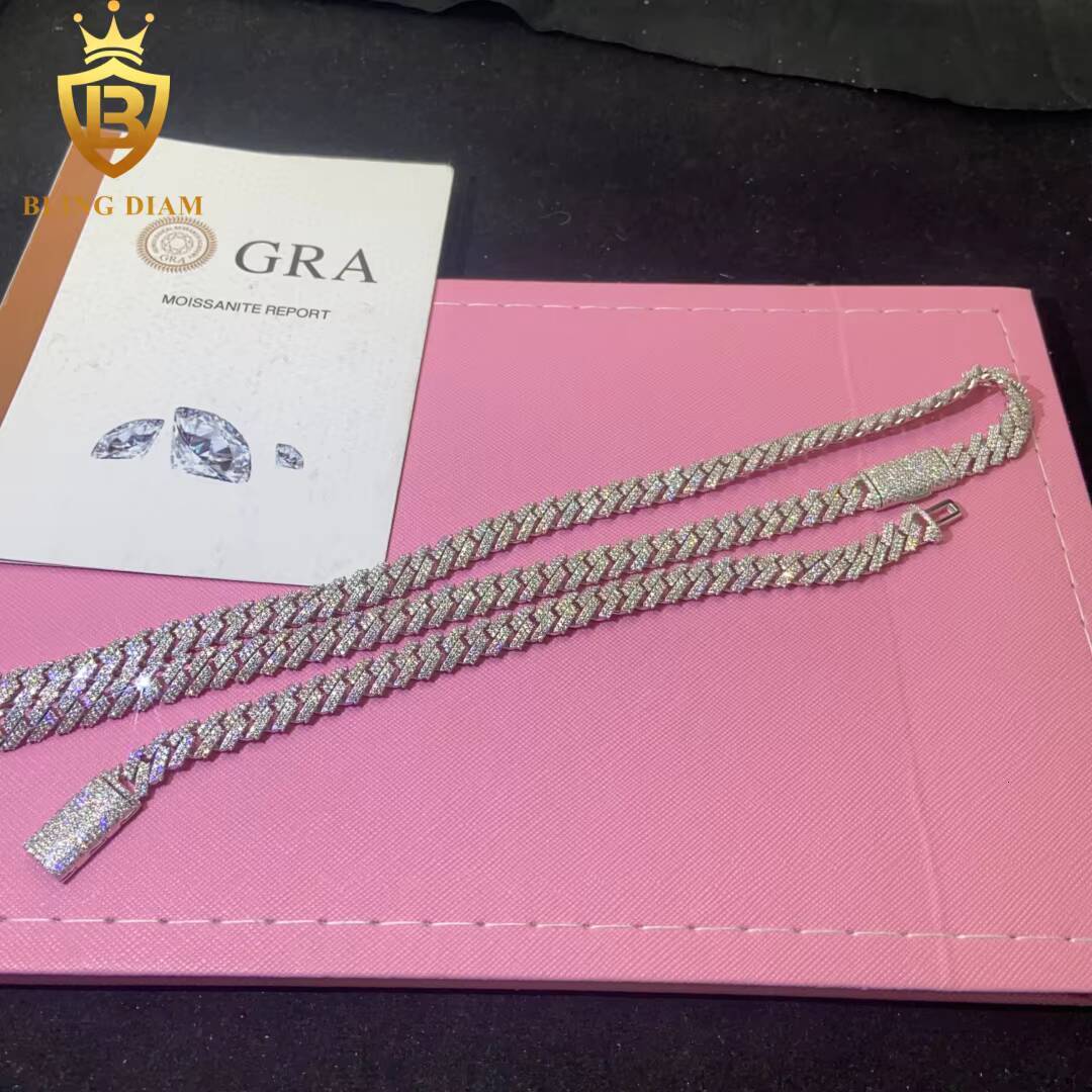 Hot Sale Fashion 10mm Cuban Chain 925 Silver Mosainite Iced Out Jewelry VVS1 Moissanite Hip Hop Pass Diamond Tester with GRA