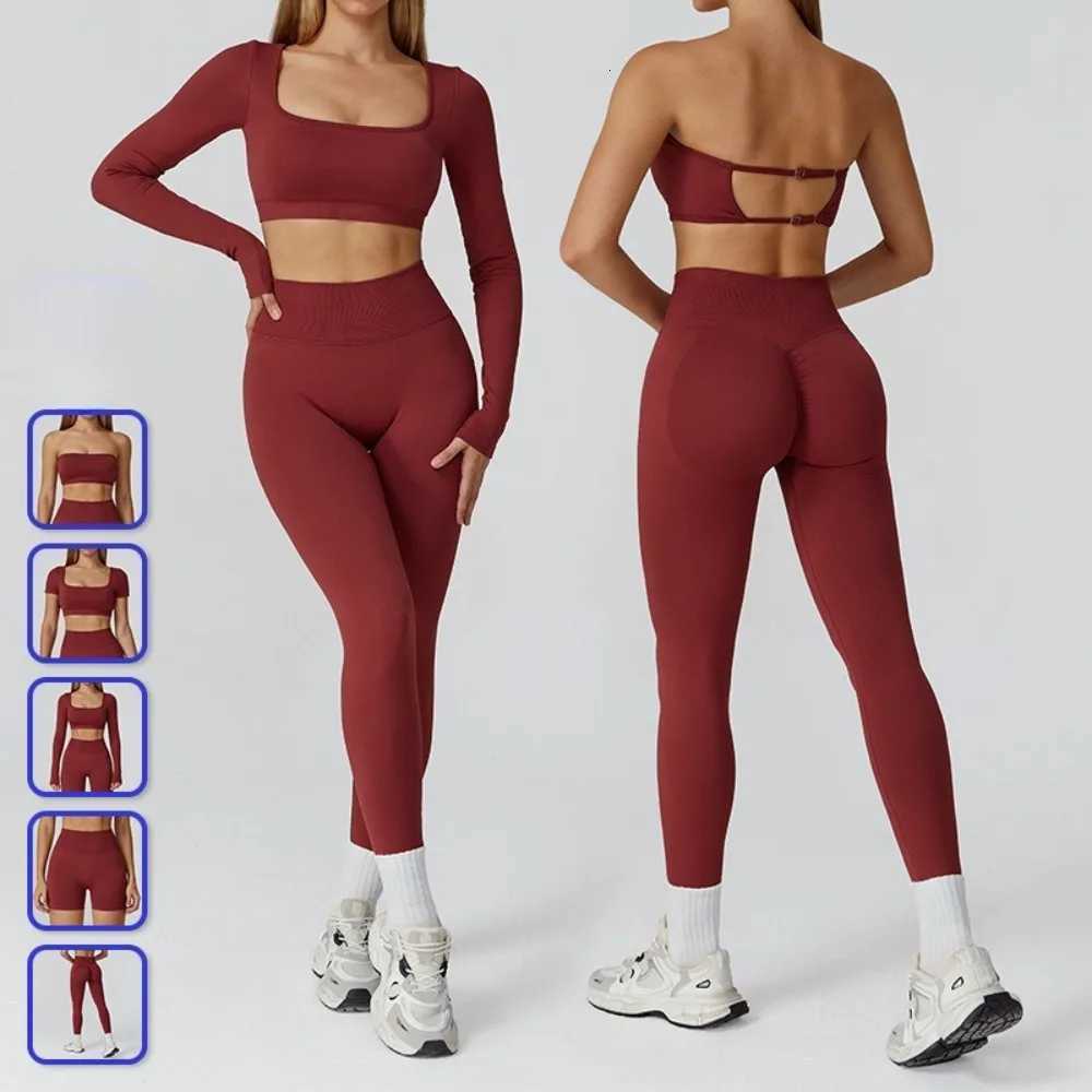 New Winter Seamless Long Sleeve Sports Suit Hollow Back Tops Leggings 2PCS Yoga Sets Padded Gym Shirt Shorts Running TracksuitsXJ251029