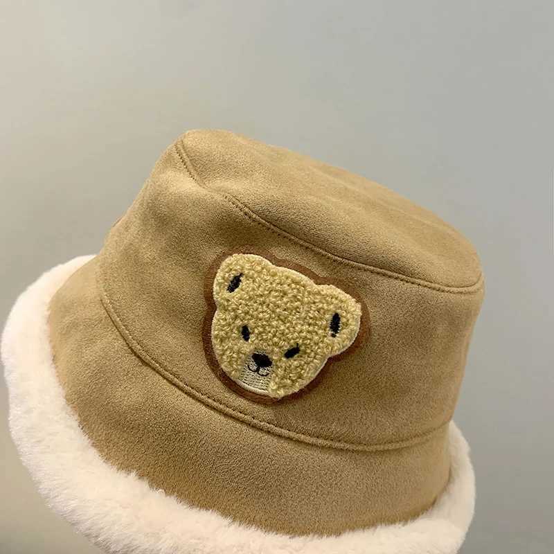 Winter Suede Toddler Kids Bucket Hat Cartoon Bear Thicken Plush Fisherman Hats For Baby Outdoor Girls Boys Warm Basin Cap251028