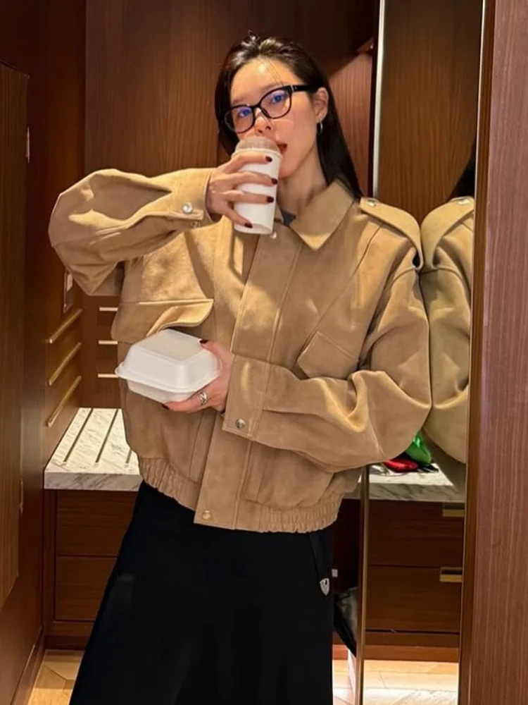Autumn Winter Suede Leather Solid Jacket for Women Casual Long Sleeve Female Zipper Lapel Coats Vintage Lady Outwear Street 251028
