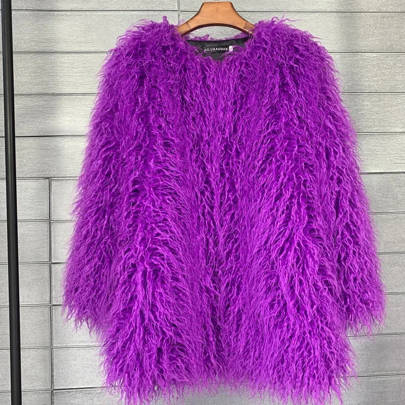 Mongolia Sheep Fur Women Medium Long Coat Jacket Colorful Warm Faux Fur Plush Coats Female Jacket Autumn Winter Furry Outerwear 251029