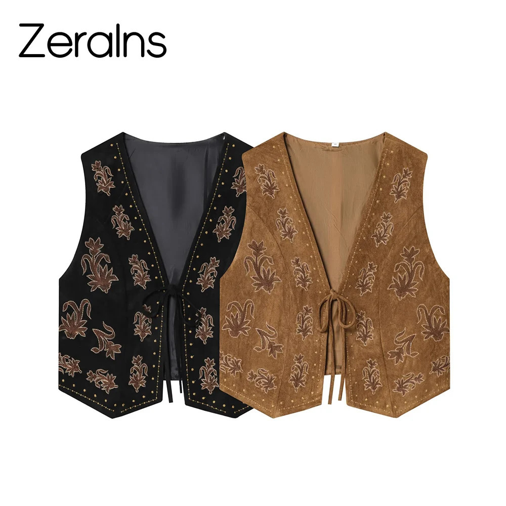 ZERAINS Autumn womens clothing European and American style bead embroidery suede texture effect vest 251029