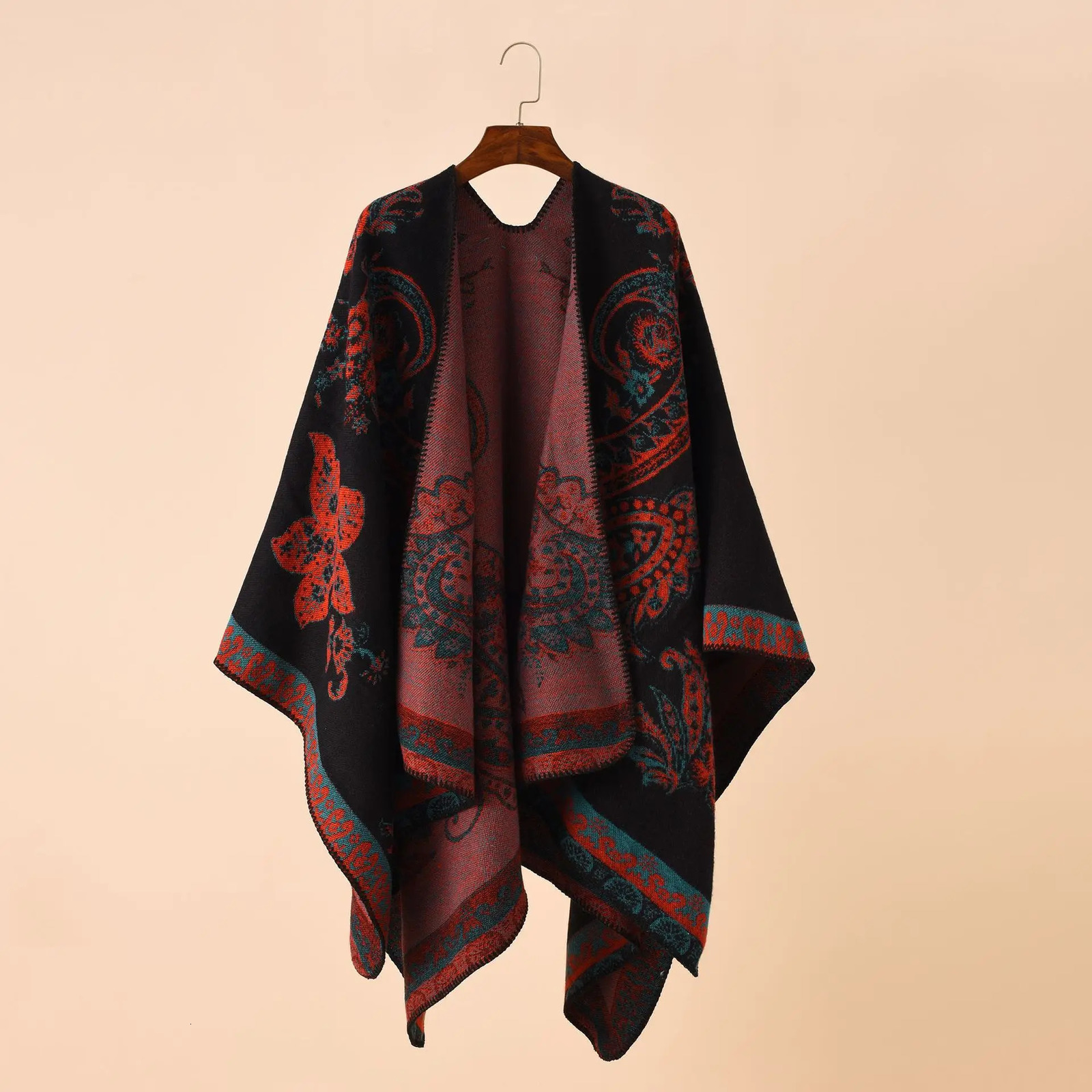 2025 Autumn Winter Street Geometric Lattice Flower Pattern Cashmere Warm Shawl Cloak Women Poncho Capes Red 251029