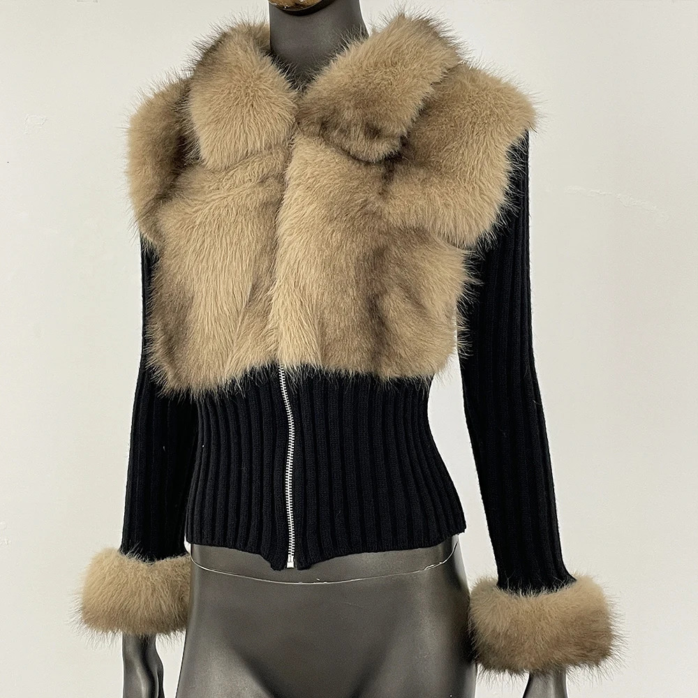 Ecofriendly Sweater Cardigan Women Faux Fur Collar Knitwear Cuddly ner Knitted Autumn Warm Patchwork Clothe 251028
